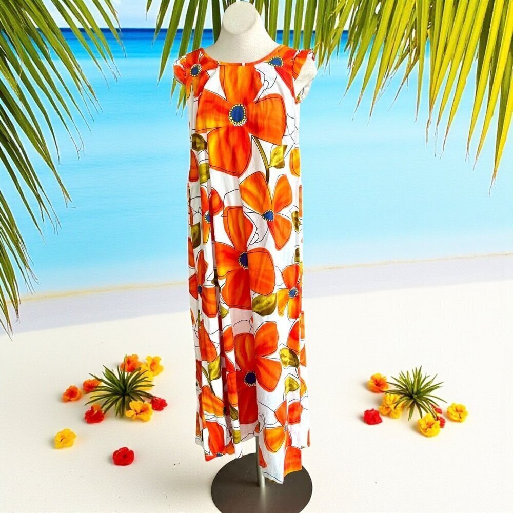 Liberty House Hawaiian Orange Floral Maxi Tiki Hostess Dress Ruffle Sleeve
